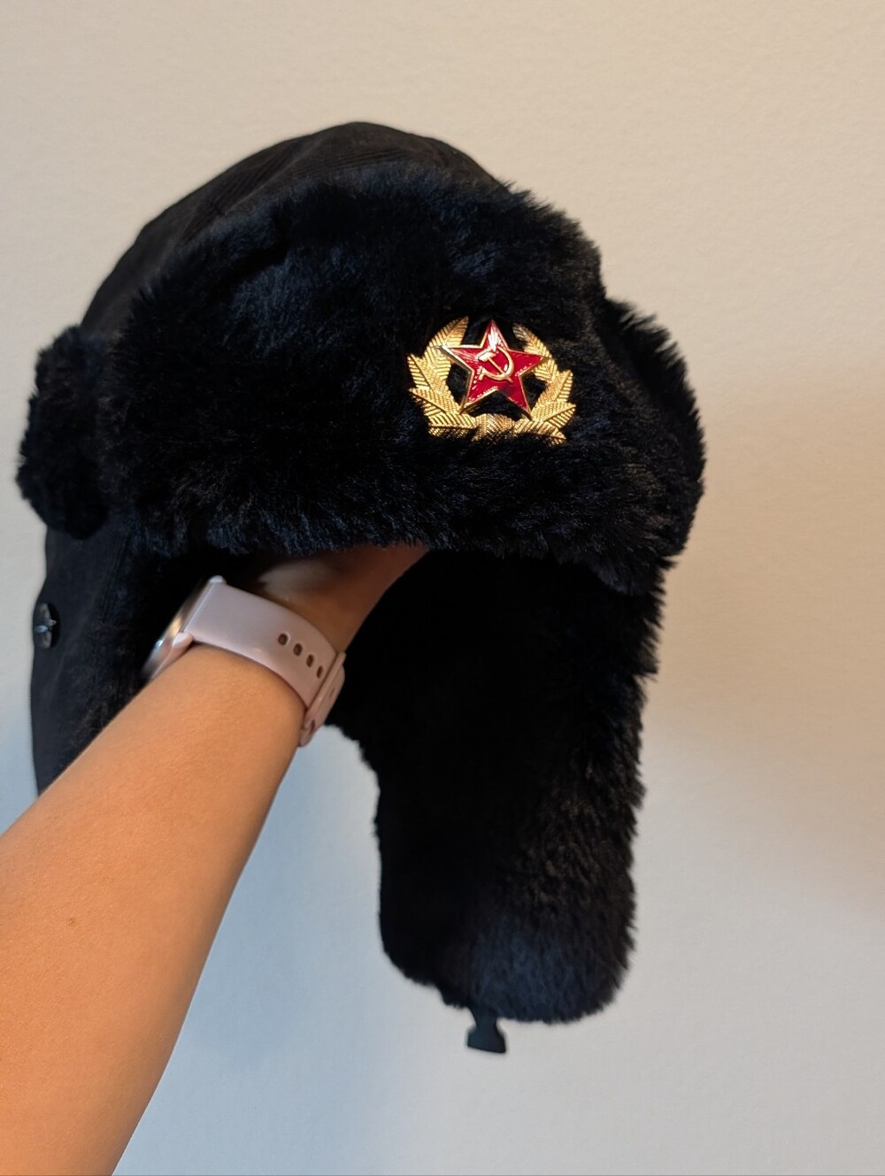 Black Faux Fur Trapper Hat with Red Star Emblem